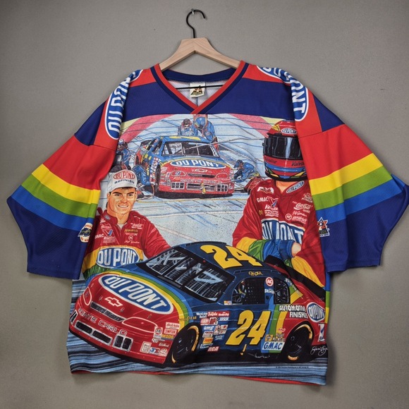 Vintage 1995 Jeff Gordon 24 DuPont NASCAR Racing Rainbow All Over Print Jersey L